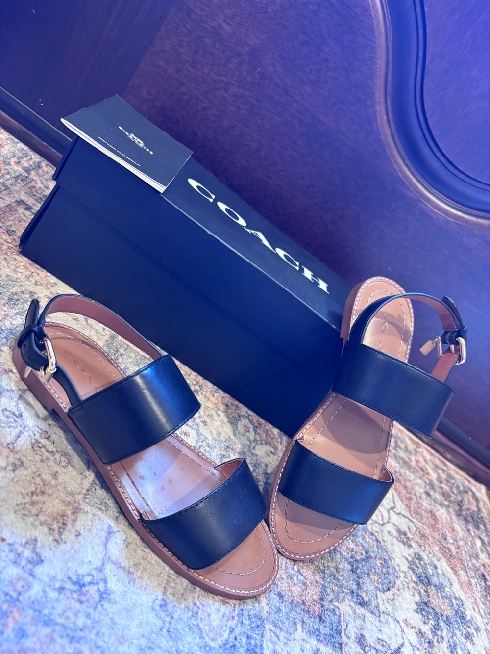 COACH Black Leather Henny Double-Strap Sandals with Tan Footbed Size 5